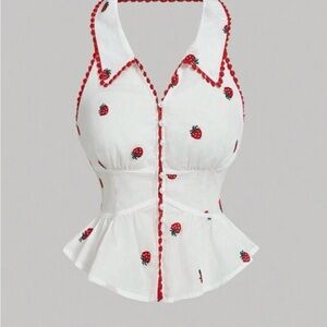 Strawberry Embroidered White Halter Top